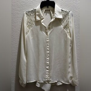 Kirra Cream Lace-Yoke Button-Down Blouse